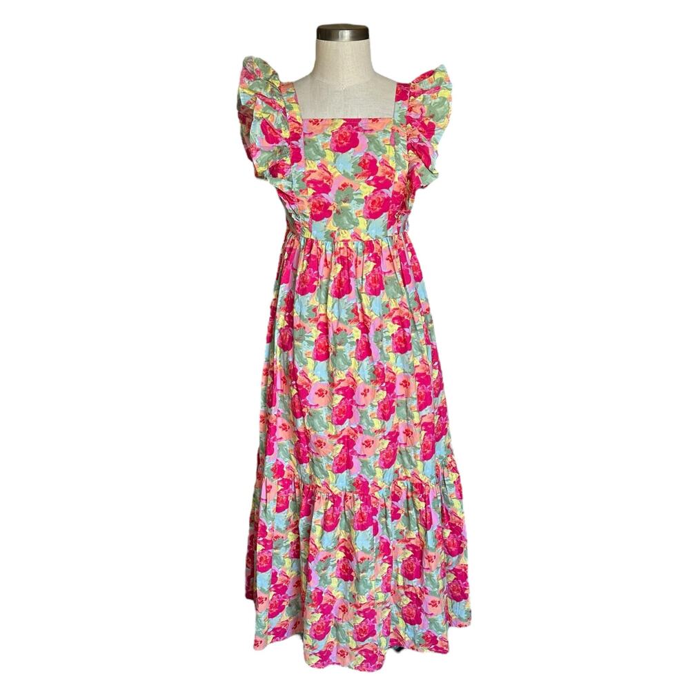PEYTON & PARKER Cotton Floral Colorful Ruffled Sleeve Maxi Dress Women's Size XS